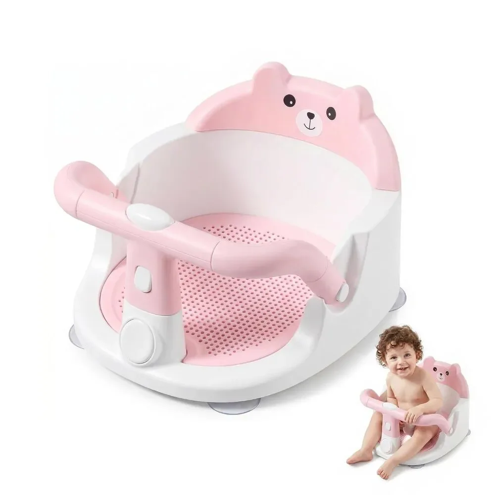 Pink Baby Bath Seat 6-24M w/ 4 Suction Cups & One-Touch Front Bar